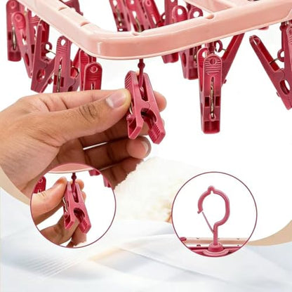 Sock Dryer with pegs for Washing line with 32 Clips and 360° Suitable for Socks Underwear Insoles Baby Clothes Gloves (Pink)