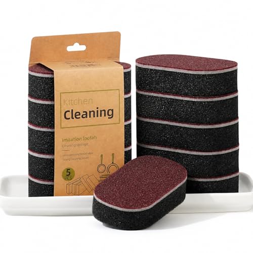 Heavy Duty Carborundum Sponges for Kitchen (5-Pack) - Premium Emery Cleaning Eraser Sponge & Non-Scratch Imitation Loofah Scrubber, Tough Stain & Rust Remover for Pot Bottoms, Cast Iron, Sinks