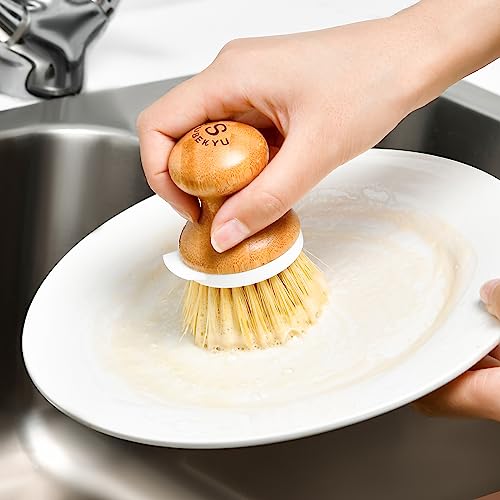 SUBEKYU Bamboo Dish Brush, Kitchen Dish Scrubber Brush with Soap Dispenser, Natural Wooden Dishwashing Brush for Cleaning Dishes/Pans/Pots, Built-in Scraper, Sisal Bristles,1 Set