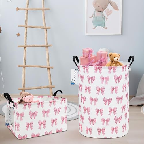 Round Large Pink Bow Print Waterproof Laundry Hamper - color: Round Pink Knot