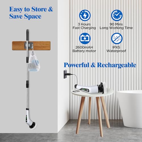 Electric Spin Scrubber, Cordless Bath Tub Power Scrubber with 8 Replaceable Drill Brush Heads, Shower Cleaning Brush with Adjustable Handle for Bathroom, Tile Floor & Car, White, (ANS-8050)