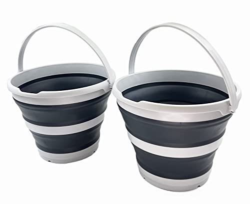 SAMMART 10L (2.6 Gallon) Collapsible Plastic Bucket - Foldable Round Tub - Portable Fishing Water Pail - Space Saving Outdoor Waterpot, Size 33cm Dia (Grey/Charcoal Black (Set of 2)) - color: Grey/Charcoal Black (Set of 2)