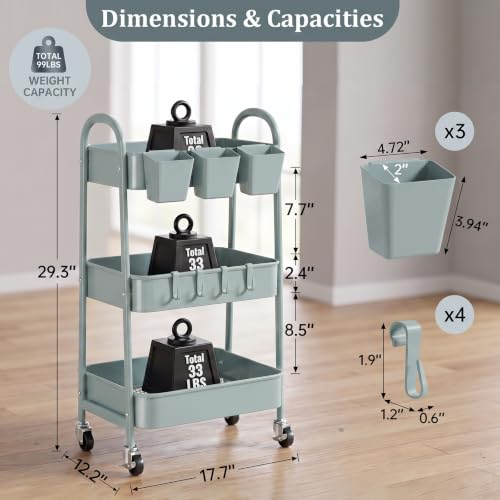 danpinera 3-Tier Rolling Cart, Utility Cart Mobile Metal Rolling Storage Cart with Lockable Wheels & Hanging Cups & Hooks for Kitchen, Bathroom, Office, Workshop, Gray Blue - color: Gray Blue, size: 3 tier