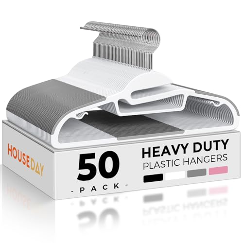HOUSE DAY Slim Plastic Hangers with Non Slip Rubber Pads, 50 Pack, White - color: White + Grey, size: 50 Pack