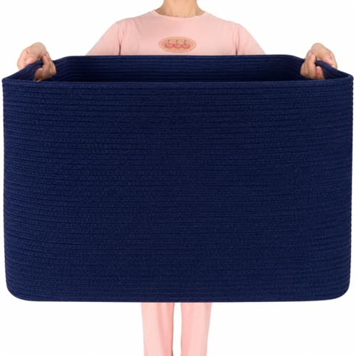 MINTWOOD Design 112L Extra Large Blanket Basket Holder Living Room, 25"x17"x16" Rectangle Rope Woven Storage Basket with Handles for Laundry, Towels, Shoes, Dog Toy Organizer Bin Box, Full Navy - color: Full Navy