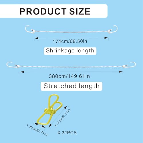 3.8M Travel Clothesline with 22 Clothes Clips, Retractable Portable Clothesline, Multifunctional Clips for for Camper Hotel Room Clothes, Books, Indoor and Outdoor, Colorful
