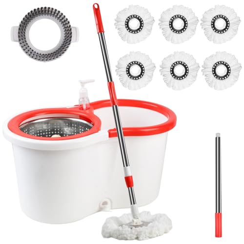 Spin Mop and Bucket with Wringer Set, 6 Microfiber Mop Heads, 61" Handle - color: White