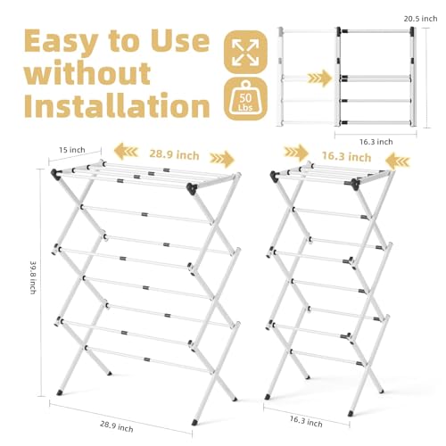 BAKON Space Saving Foldable Clothes Drying Rack, Extendable Rustproof Laundry Rack for Indoor Outdoor Use, No Assembly Required, Suitable for Bathroom Laundry Room Apartment RV, White - color: White