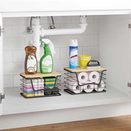 ALOCEO 2 Pack Stackable Wire Storage Basket with Bamboo Lid, Stainless Steel Extra Large Trash Bag Dispenser Roll Holder for Kitchen Sink, Laundry, Pantry Organizer and Storage, Black - color: 2-Pack - XL&L W-Shape Black