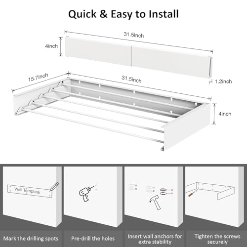 Laundry Drying Rack, Collapsible Wall Mounted Clothes Drying Rack - Drying Rack Clothing Foldable,Space Saving, 32" Wide, 13.2 Linear Ft, 5 Aluminum Rods, 60 lb Capacity (White, 32")