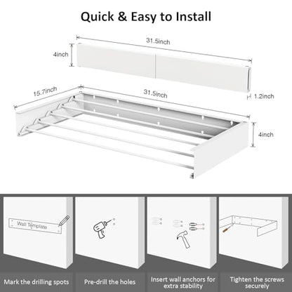 Laundry Drying Rack, Collapsible Wall Mounted Clothes Drying Rack - Drying Rack Clothing Foldable,Space Saving, 32" Wide, 13.2 Linear Ft, 5 Aluminum Rods, 60 lb Capacity (White, 32")