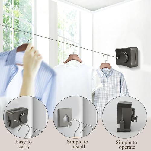 Retractable Clothesline Outdoor Indoor, 16.7FT Heavy Duty Clothes Drying Line, Anti-Sag Wall Mount Stainless Steel Laundry Line with Lock & Tighten Device, for Balcony Bathroom (Black)