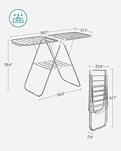 SONGMICS Clothes Drying Rack, Foldable Space-Saving Steel Laundry Rack - color: Silver + White, size: 1 Tier （21.7"d x 58.3"w x 39.4"h）