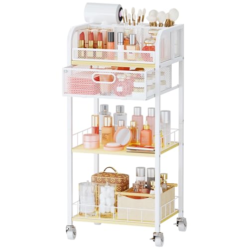 HapiRm Makeup Organizer Storage Cart - 4 Tier Skincare Make Up Storage with Drawer, Rolling Makeup Cart Vanity Organizer Cosmetics Display Cases Holder for Skin Care Perfume Nail Polish Brush - color: Pure White