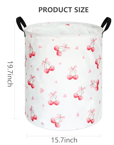 Cherry Print Round Laundry Hamper Storage Basket Bins Clothes Nursery Hamper for Home, Gift Storage Bins with Handles - color: Cherry