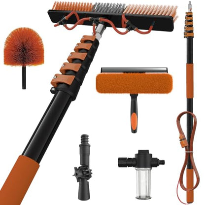 30Ft Reach Solar Panel Cleaning Brush Kit with 5-24ft Telescoping Pole, Water Fed Window Cleaner Tool with 20" Brush, Soap Dispenser, Cobweb Duster, Squeegee for Roof, RV, Gutter, Boat, Deck - color: Amber