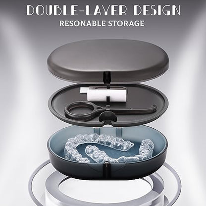 New Double-layer Retainer Storage Case with Belt Chewing,Removal Tool,Cleaning Brush,Built in Mirror Orthodontic Retainer Case - color: black