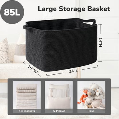 Goodpick 85L Large Woven Rope Blanket Basket, Rectangle, Black - color: Black, size: X-Large(23.6"L x 15.7"W x 13.8"H)
