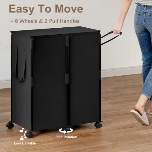 160L Double Laundry Hamper with Lid and 6 Wheels, Rolling Laundry Basket - color: Black, size: 160L(24.8"L x 14.2"W x 29.92"H)