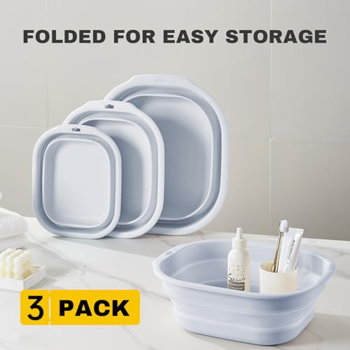 Collapsible Wash Basin Set of 3, Foldable Large Medium Small Wash Basins, Portable Plastic Basins for Laundry, Bottles, Travel, Camping (Blue Gray) - color: Blue Gray