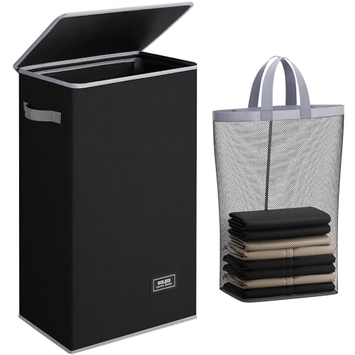 SOLEDI Slim Laundry Basket with Lid, Narrow Laundry Hamper for Small Space - color: Black, size: 70L