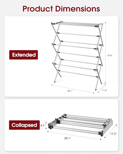 Sakugi Foldable 3-Tier Clothes Drying Rack 37.4" H with Non-Slip Feet - color: Silver, size: 3 Tier Standard