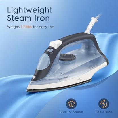 BEAUTURAL Compact Steam Iron for Clothes with Non-Stick Soleplate, Blue