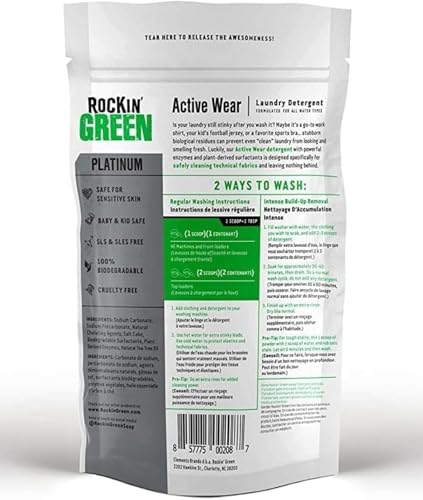 Rockin' Green Active Wear Laundry Detergent Powder & Odor Eliminator for Sportswear & Workout Clothes, Plant-Based Enzymes Target Sweat & Odor, Dermatologist Tested, Unscented, 90 Loads - size: 90 Loads