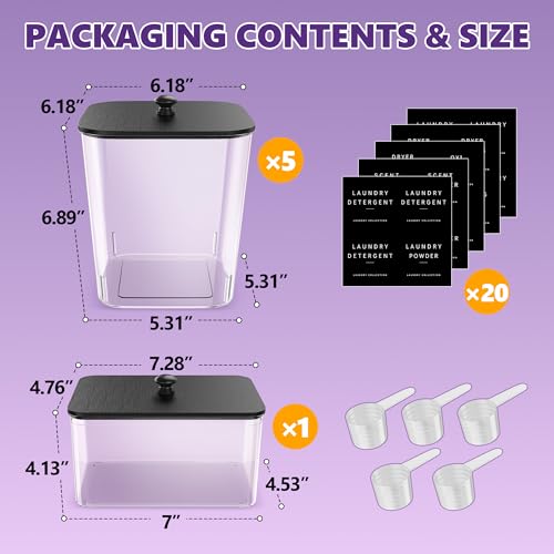 Moforoco 5+1Pack Laundry Pods Container, Clear Laundry Room Organization Containers,Large Detergent Powder Storage, Black Wooden Lids & Labels, Acrylic Pods Holder - color: Black, size: 5+1 pack