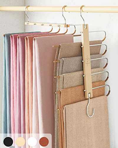 MORALVE Pants Hangers Space Saving - European Beechwood Scarf and Jean Hangers - Closet Organizer and Space Saver Pant Rack, Leggings Hanger, and Scarf Holder with 360° Swivel Hook (1 Pack) - color: Natural, size: 1 Pack
