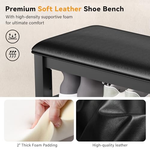 Taitiy Shoe Bench with 3 Tier Adjustable Shelves Rubberwood Entryway 47.2'' - color: Black, size: 47.2''