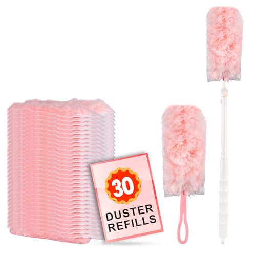 ITTAR 30 Count Duster Refill kit, Dust Cleaning Supplies with Extension Pole, Fan Feather Dusters with 2 Types Handle for Cleaning Home, Celling Fan, Blinds, Furniture, Vent & Shelves-Pink