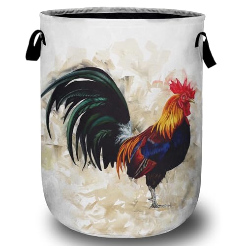 Vintage Rooster Laundry Basket,Farm Chicken Laundry Hamper Tote Bag Dirty Clothes Storage Bucket Organizer for Bathroom/Laundry/Bedroom 15.7"x19.6" - color: Vintage Rooster