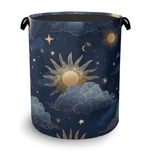 Sun Moon Stars Laundry Basket,Oxford Cloth Laundry Hamper with Handle Foldable Portable Clothes Storage Basket for Bathroom Bedroom Dorm Room 16" x 20.8" - color: Sun Moon Stars