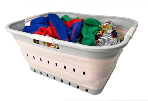 SAMMART 42 (11 Gallons) Collapsible Plastic Laundry Basket, Foldable Pop Up Storage Container/Organizer, Space Saving Hamper, Portable Bin for Dorm Room Bathroom (1, Grey/Pink) - color: Grey/Pink