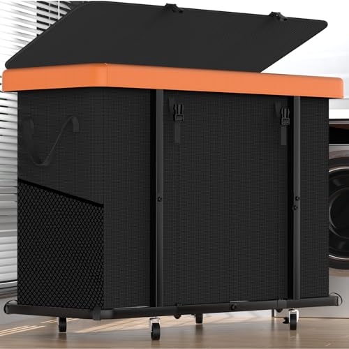 Laundry Basket with Wheels, 300L Leather Patchwork Laundry Sorter 4 Section - color: Black, size: 4 Section-300L