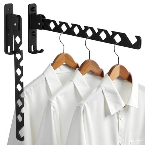 2 Pack Wall Mount Coat Hanger Holder Black Clothes Drying Organizer Rack Garment Hooks Aluminium Retractable Folding Indoor Wall Mounted Hanger Space Saver for Laundry Room Bedroom Black