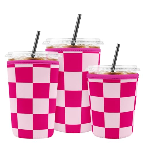 Iced Coffee Sleeve Reusable Neoprene Cup Sleeves, Pink Checkered - color: Pink Checkered