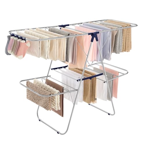 SONGMICS Clothes Drying Rack, Foldable 2-Level Stee Laundry Drying Rack - color: Silver + Blue, size: 2 Tiers（22"d x 61.8"w x 64.3''h )