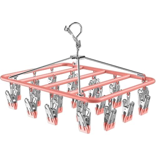 Drying Rack for Sock, Stainless Steel Sock Drying Rack with 23 Clips, Swivel Hook Windproof Hanger for Sock, Laundry, Hat, Scarf, Bras, Towel, Underwear, Pants, Gloves (Pink) - color: Pink