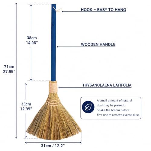 Vietnam Handmade Straw Broom with Indigo Wooden Handle - Soft Natural Grass Whisk Broom for Home, Kitchen, Bedroom & Garage, 12.2" Wide x 27.95" Long - style: Indigo