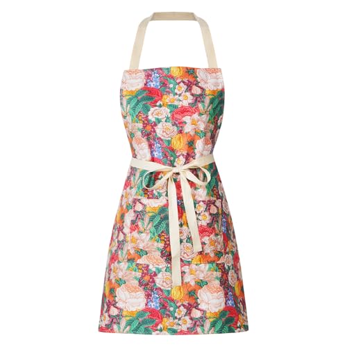 DILLMAN 2 Pack Floral Aprons with Pocket Blooming Womens Waterproof Adjustable Cooking Aprons Kitchen Gardening Salon - color: 2pack #D