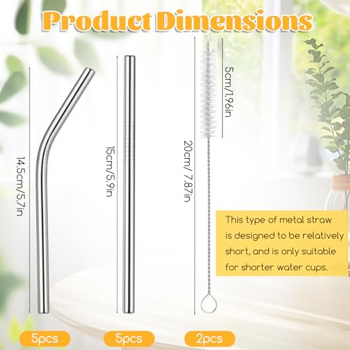 10 Pcs Short Metal Straws, 5 Straight 5 Bent with 2 Cleaning Brush, 6 Inch Reusable Stainless Steel Straws for Cocktail Coffee Mugs Small Glasses Cups