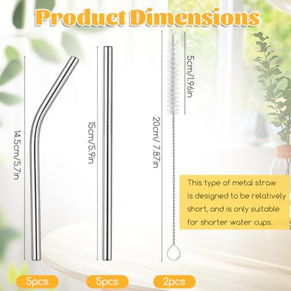10 Pcs Short Metal Straws, 5 Straight 5 Bent with 2 Cleaning Brush, 6 Inch Reusable Stainless Steel Straws for Cocktail Coffee Mugs Small Glasses Cups