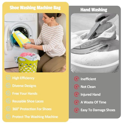 Shoe Washing Machine Bag,2 Pcs Shoe Washing Bag for Dryer & Washer, Reusable Laundry Shoe Bag for All Shoes Sizes, Independent Insole Compartment With Side Mesh (Yellow)
