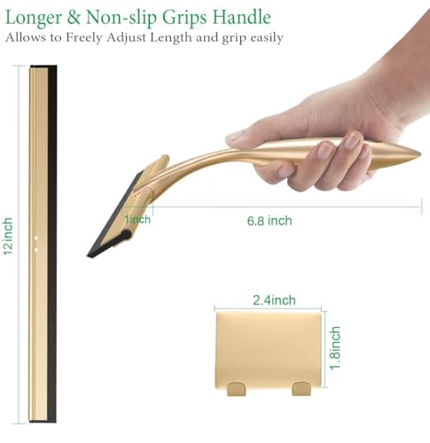 OPERNEE Shower Squeegee with Self Adhesive Hook, 12 Inches Stainless Steel Squeegee Cleaner, All-Purpose Window Scraper for Bathroom Doors, Mirror, Windows and Car Glass, Brushed Gold