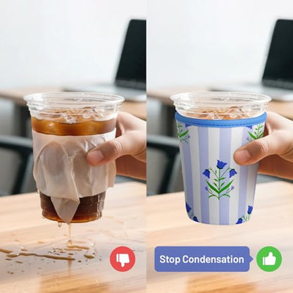 Iced Coffee Sleeve Reusable Neoprene Cup Sleeves, Stripes Flowers - color: Stripes Flower