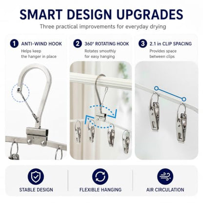 Foldable Clothes Drying Rack with Clips, Windproof Hook, 4 Pack