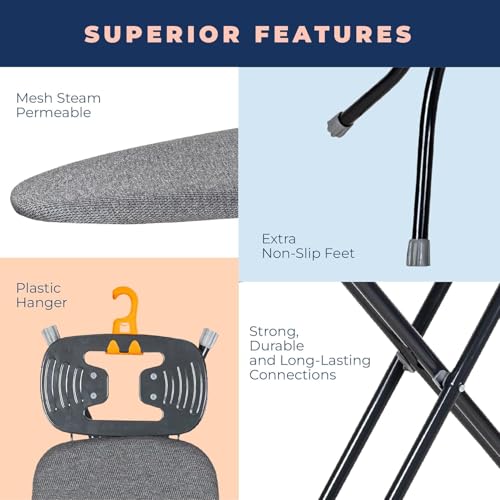 Ironing Board with Iron Rest, Iron Board with 3 Layers Extra Thick Cover, Compact and Space Saver Foldable Ironing Board, Adjustable Height, Easy Storage with Smart Hanger and Lightweight Design - color: Dark Gray, size: 13"x43"