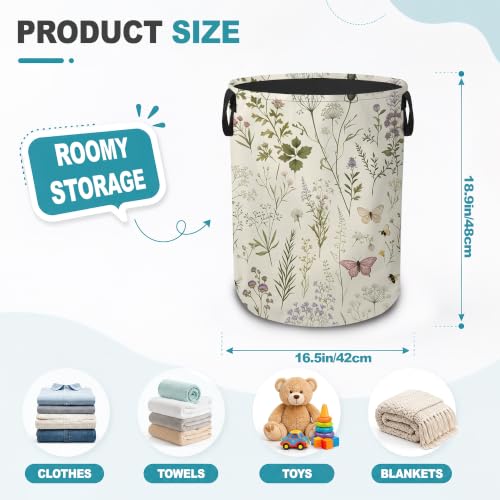 Vintage Wildflowers Portable Laundry Hamper,Butterfly Bees Floral Collapsible Clothes Basket with Handles,Waterproof Oxford Cloth Organizer for Dorm Bedroom Bathroom Nursery,16 x 20 Inch - color: Vintage Wildflowers,Butterfly Bees Floral